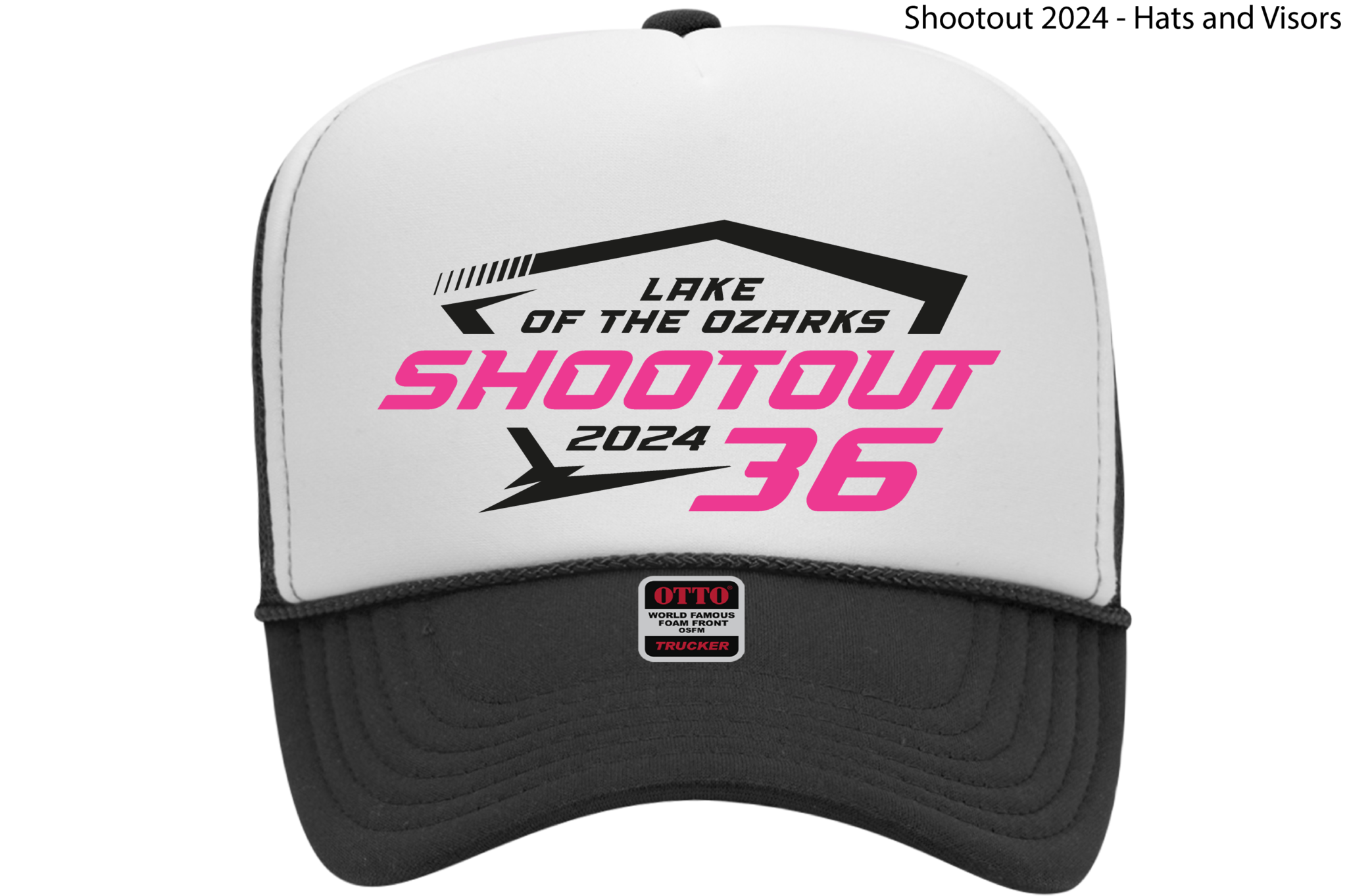 2024 36th Annual Shootout Truckers Hat Black Pink Lettering Lake of